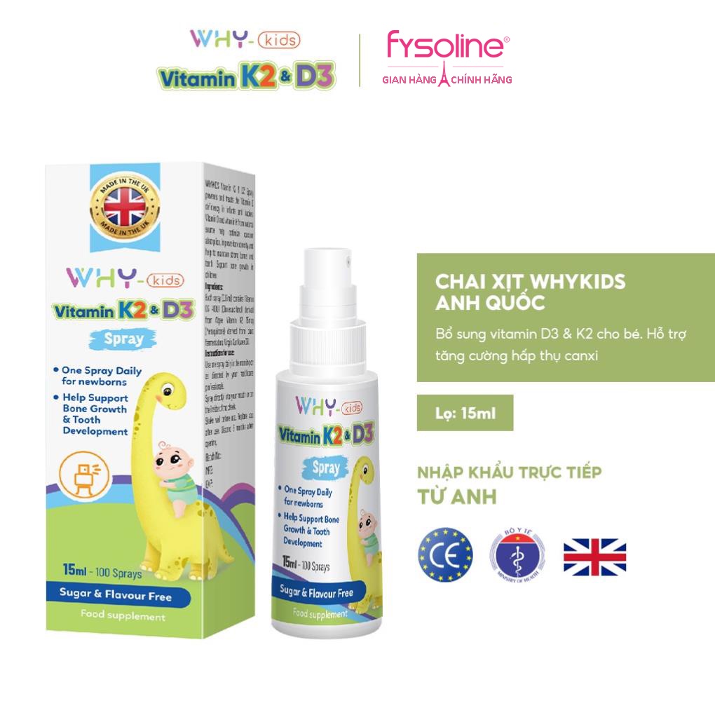 Xịt bổ sung Vitamin K2D3 WHYkids Fysoline nhập khẩu từ Anh Quốc giúp hấp thụ canxi tốt cho bé lớn khỏe - lọ xịt 15ml