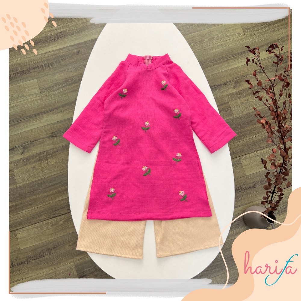 BADT010 Áo dài bé gái - chất liệu linen thêu tay - hoa tiết hoa lác đác - 1-6 tuổi