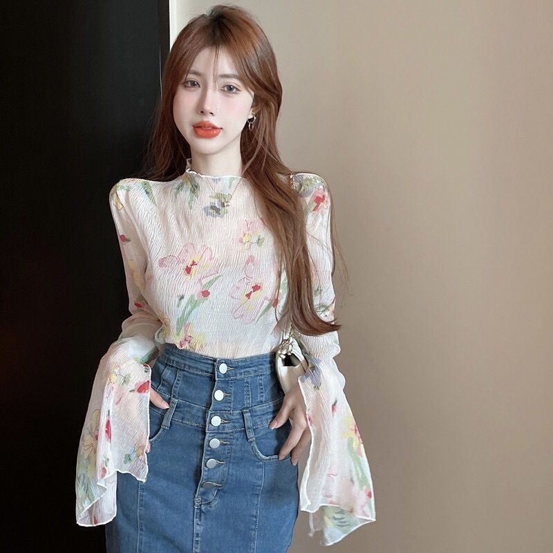 Áo Sơ Mi Chiffon Tay Dài Loe Cổ Cao Xếp Ly Ôm Dáng In Họa Tiết Thời Trang Cho Nữ | BigBuy360 - bigbuy360.vn