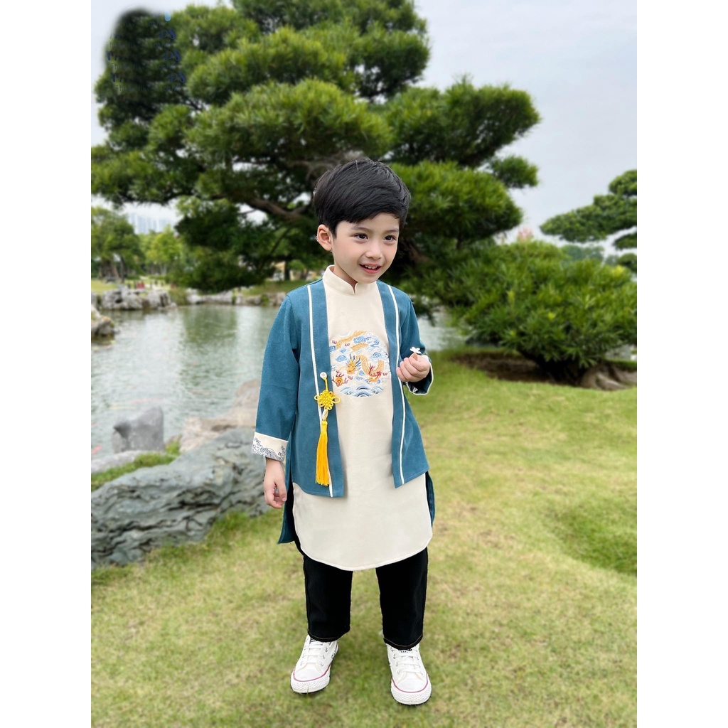 Áo dài cách tân bé trai chất nhung li tặng kèm khánh đeo 8kg đến 28kg