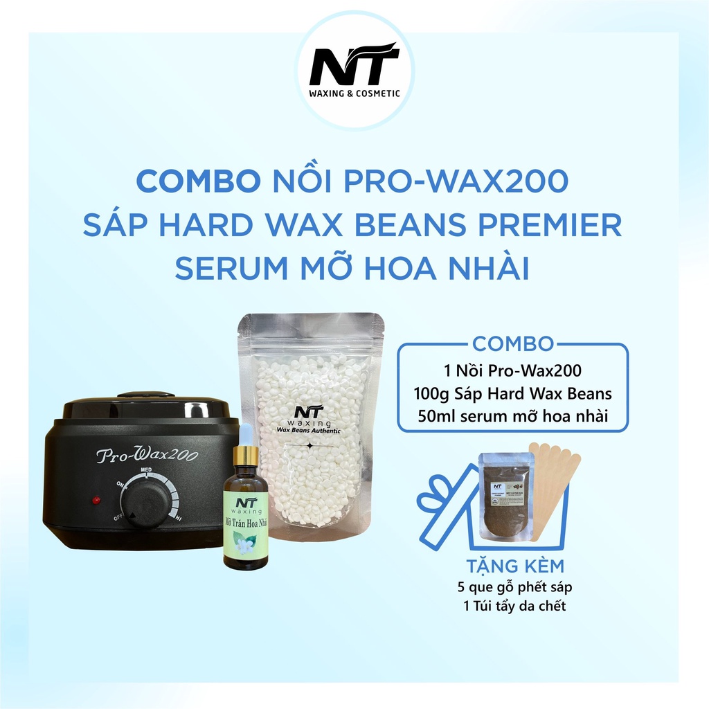 Combo 100g Sáp Wax Nóng Premier Nhập, Serum Mỡ 50ml và Nồi Nấu Sáp Pro 200 Tặng Kèm Bột CF Dừa Và 5 Que