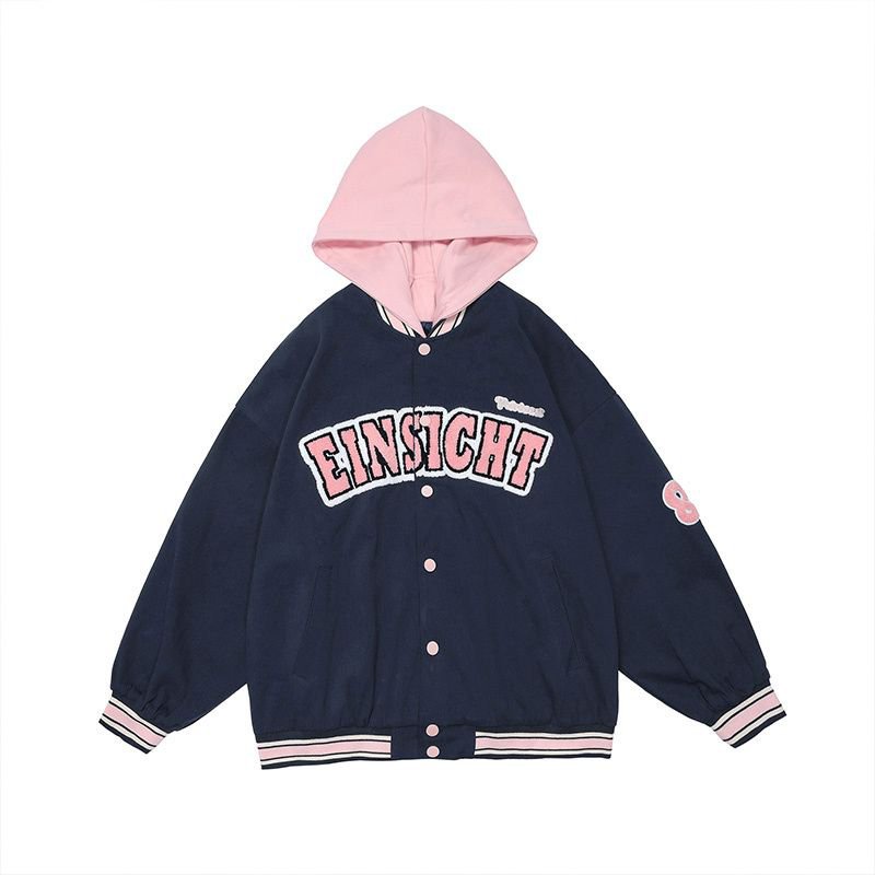 Áo Khoác Bóng Chày Hai Mảnh Có Mũ Trùm Dáng Rộng Cỡ Lớn Phong Cách Retro Mỹ Mùa Xuân Thu Cho Nữ