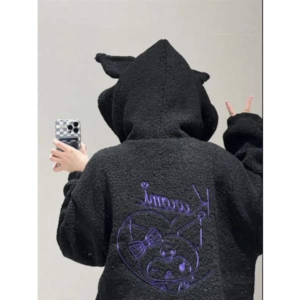 DIDIKA Áo Hoodie Len Lông Cừu Dày Dặn Dáng Rộng Thêu Hoạ Tiết Kuromi Dễ Thương Xinh Xắn