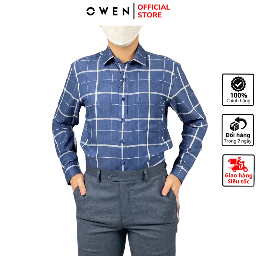 Áo sơ mi dài tay nam OWEN AR220908DT somi công sở vải sợi tre cao cấp màu kẻ caro xanh trắng dáng regular fit có túi