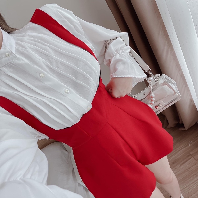 Bộ áo sơmi tiểu thư tay bồng kèm yếm đỏ shop nina le