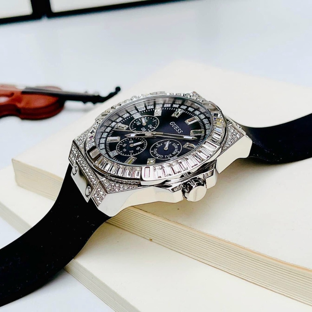 Đồng Hồ Nam Guess GW0208G1 Đính Đá - Vỏ Bạc - Dây Silicon - Size 47mm