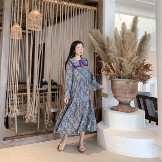 Đầm hoa maxi phối cổ ren vuông