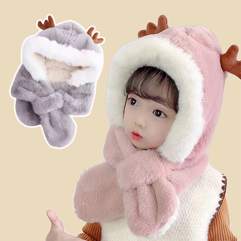 Mũ len cho bé gái bé trai chùm đầu kèm khăn dễ thương mùa đông cực ấm có hai sừng hươu