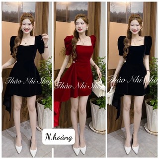 Váy nhung vạt lệch cổ vuông tay bồng  sang chảnh hàng Quảng Châu cao cấp
