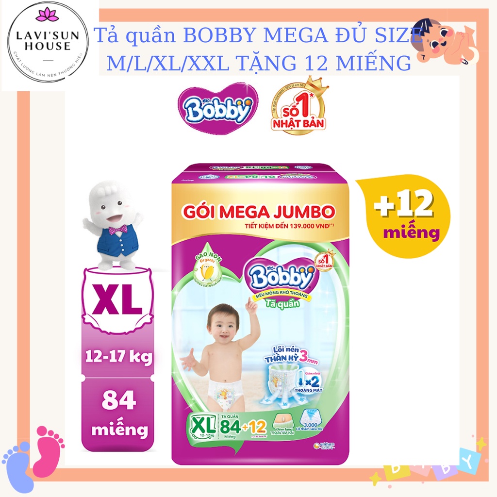 Tả quần Bobby Mega Jumbo đủ size L104, XL96, XXL88 miếng