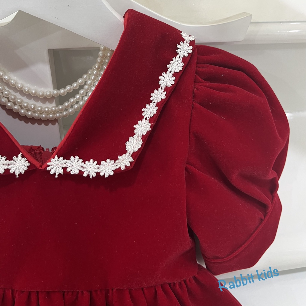 Váy Bé Gái Size Đại 8-40kg💝FREESHIP💝 Rabbit Kids-Đầm Nhung Đỏ Chuỗi Ngọc Trẻ Em 1,2,3,4,5,6,7,8,9,10 tuổi