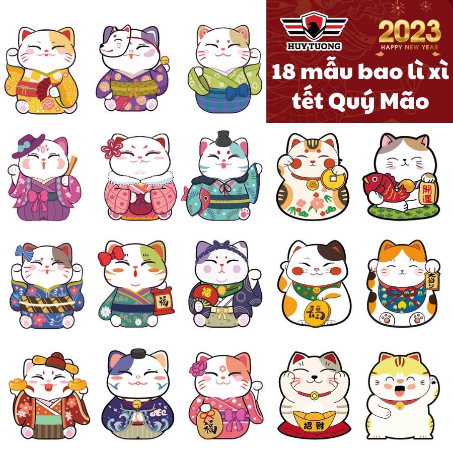 Bao lì xì tết 2023, bao lì xì thiết kế phong bì lì xì siêu dễ thương, chibi hoạt hình con mèo tết Quý Mão 2023