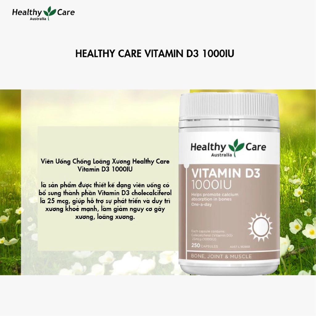 Viên uống chống loãng xương Healthy Care Vitamin D3 1000IU 250 viên Úc