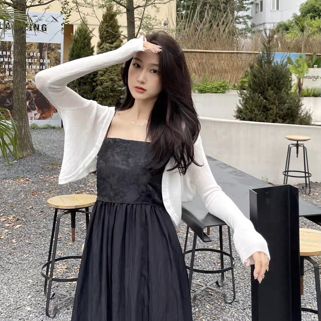 ÁO KHOÁC NỮ MỎNG MIX VỚI VÁY ÁO 2 DÂY, ÁO CARDIGAN DÁNG NGẮN COPTOP NGANG LƯNG, DÀI TAY THỜI TRANG HOT TREND | BigBuy360 - bigbuy360.vn