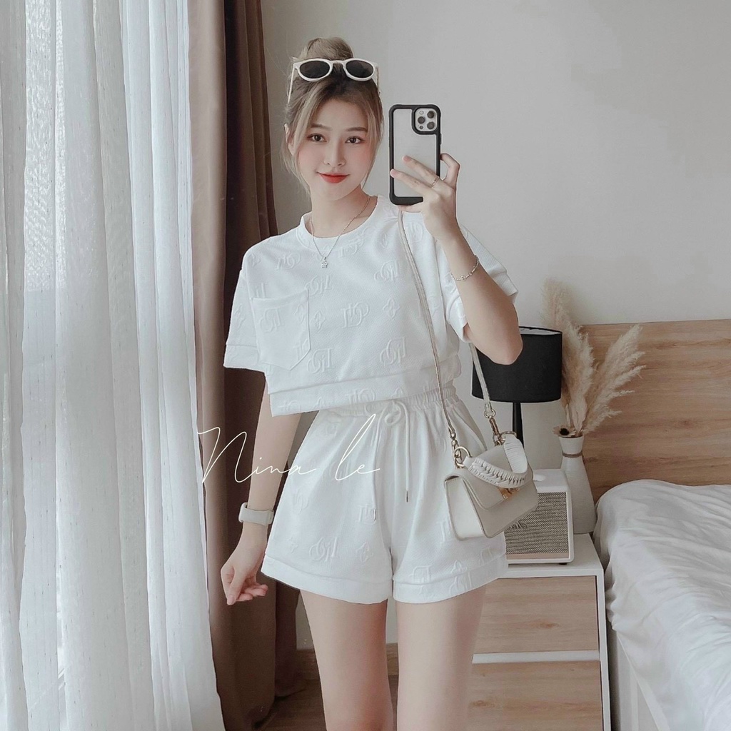 (Sale FreeShip) Sét bộ dạ chữ nổi,bộ đùi nữ from croptop  có túi,3 màu dễ mặc