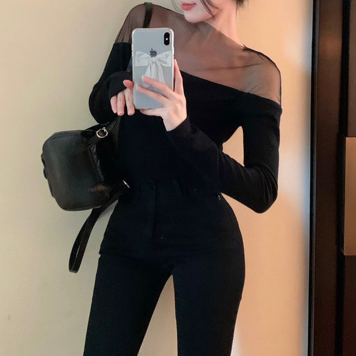 Áo Thun Tay Dài Phối Lưới Thiết Kế Mới Thời Trang Mùa Thu Cho Phái Nữ