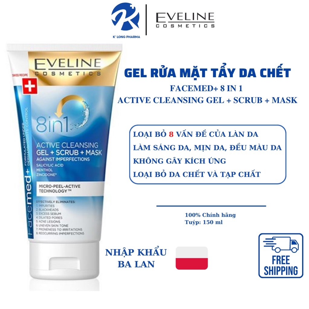 Gel Rửa Mặt Tẩy Da Chết 8 in1 Eveline; Giúp Loại Bỏ Tạp Chất, Bụi Bẩn, Se Khít Chân Lông, Làm Sáng, Mịn Và Đều Màu Da