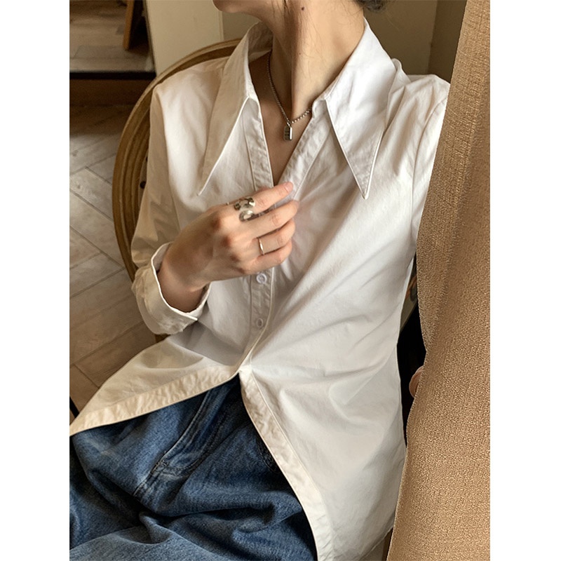 Áo Sơ Mi Nữ Tay Dài Màu Trơn Dáng Rộng Phong Cách Retro Thời Trang