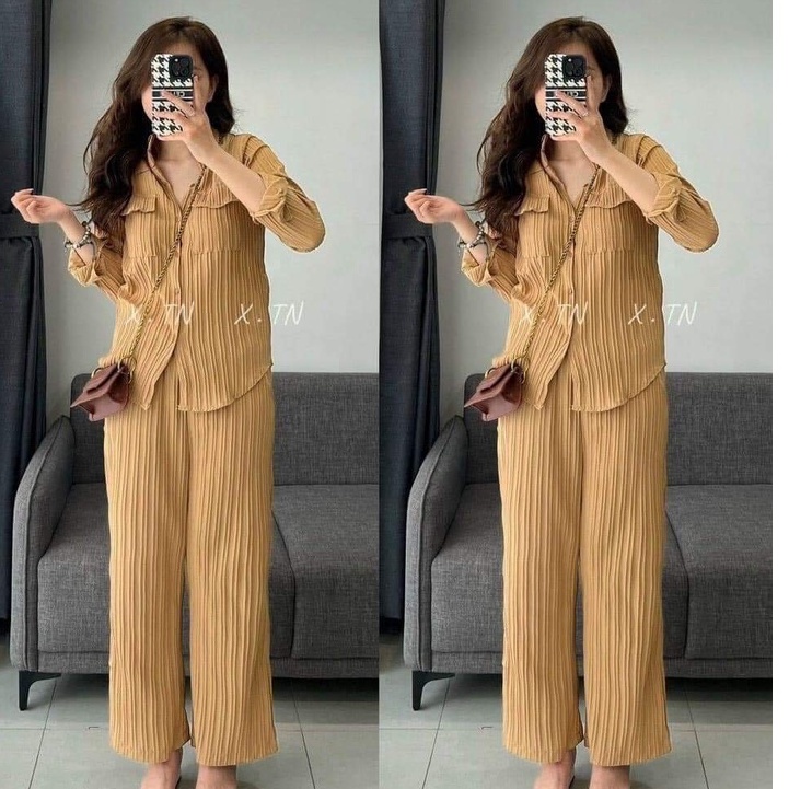 Sét bộ nữ cổ sơ mi tay dài quần ống rộng thoải mái trẻ trung năng động