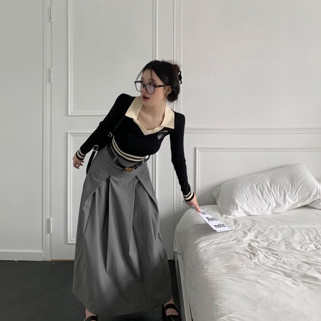 Honypove Set Chân Váy Xếp Li Và Áo Lửng Thời Trang Mùa Thu Phong Cách Mới Cho Nữ