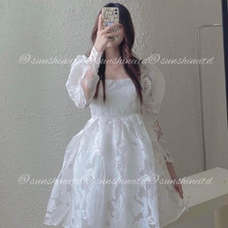 Đầm Váy BabyDoll Hoa Nhí Pretty In Rose Dress Tay Phồng Dài Xoè Màu Trắng Ren Sang Tiệc Sinh Nhật