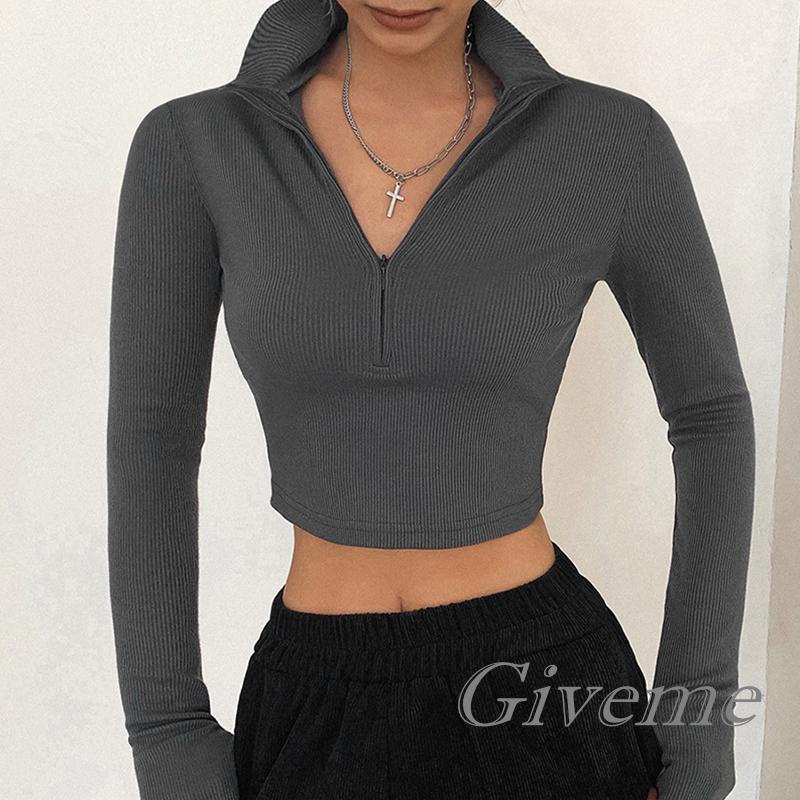 Áo Thun Lửng Tay Dài Cổ Cao Có Khóa Kéo Màu Trơn Thời Trang Cho Nữ