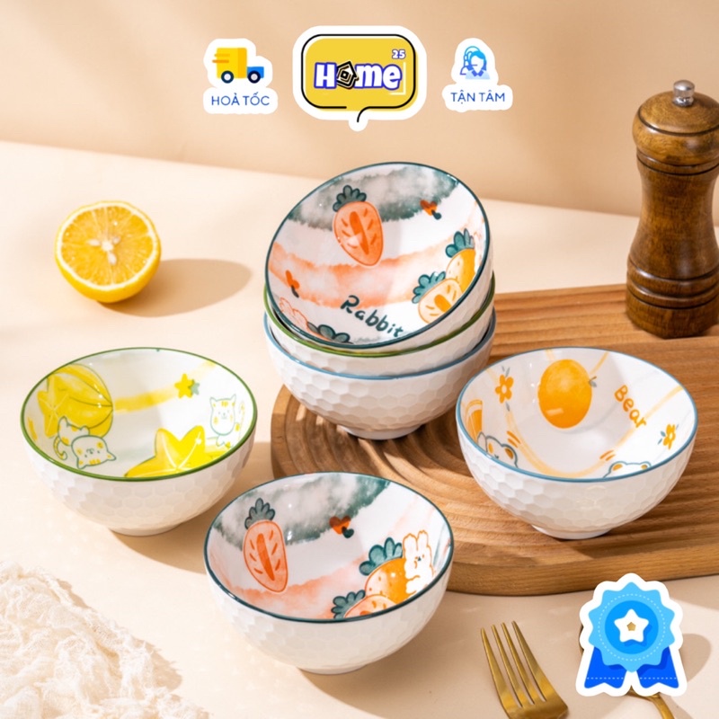 Combo 6 chén ăn cơm sứ dễ thương thỏ cà rốt/ gấu cam/ mèo vàng chống trượt 11.5 cm HOME25