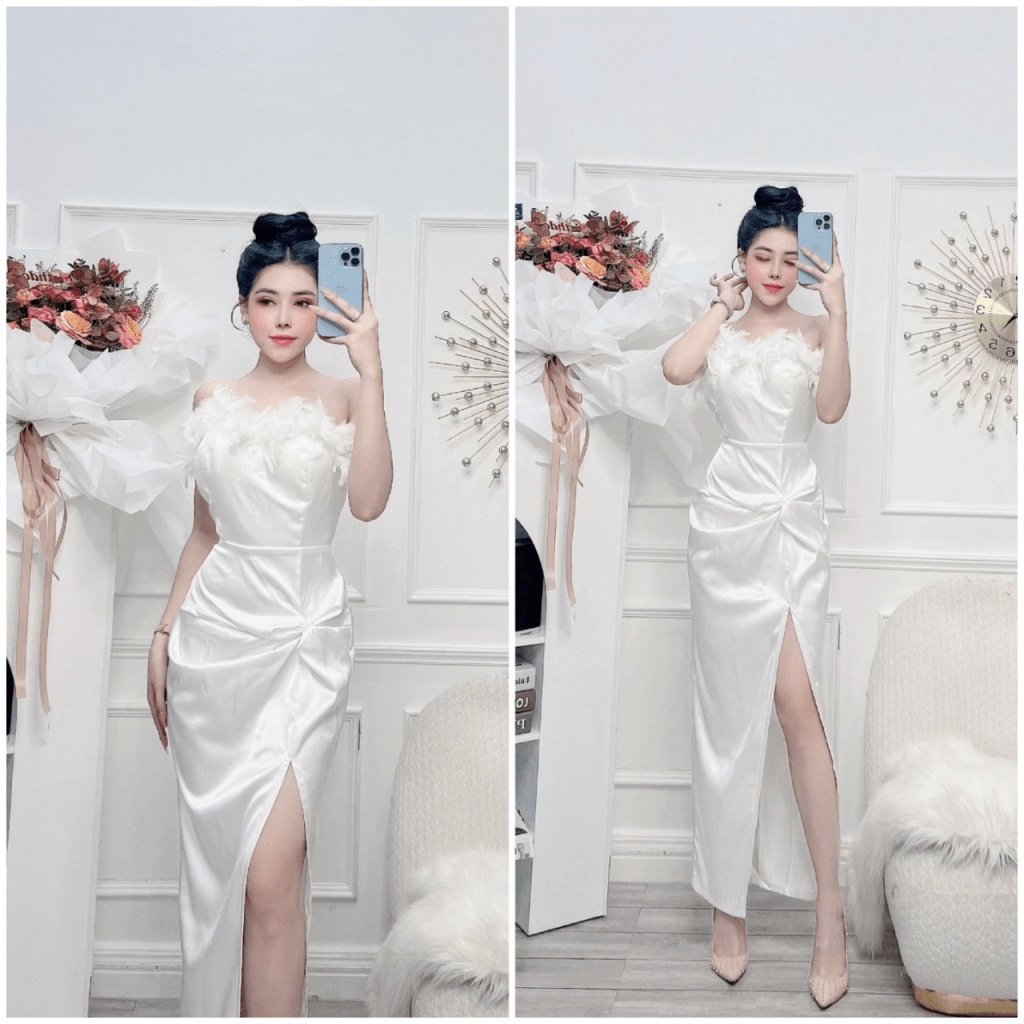 ƯU ĐÃI NGẬP TRÀN-ĐẦM LỤA NGỌC TRAI PHỐI LÔNG ÔM EO XẺ TÀ DÁNG DÀI CỰC DUYÊN DÁNG XINH ĐẸP ĐI CHƠI DỰ TIỆC UP SHOP HHP