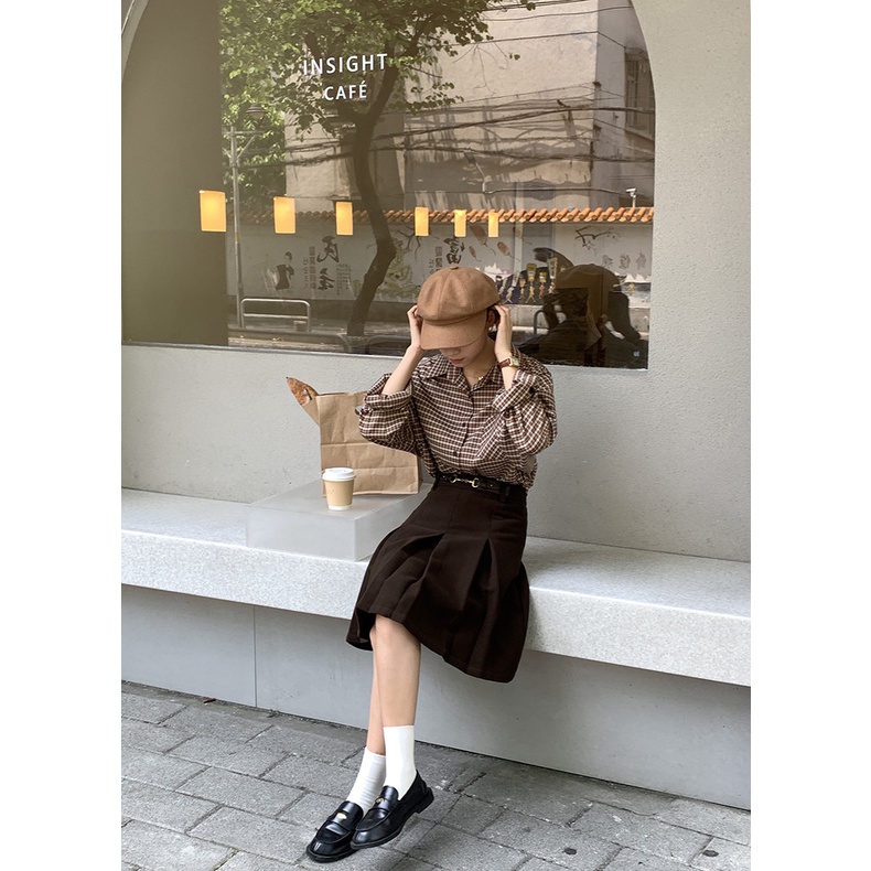 Áo sơ mi nữ Form rộng Tay dài kẻ sọc caro Retro Thu Đông Hàn Quốc Sơ mi nữ Dáng rộng Dài tay Thời trang