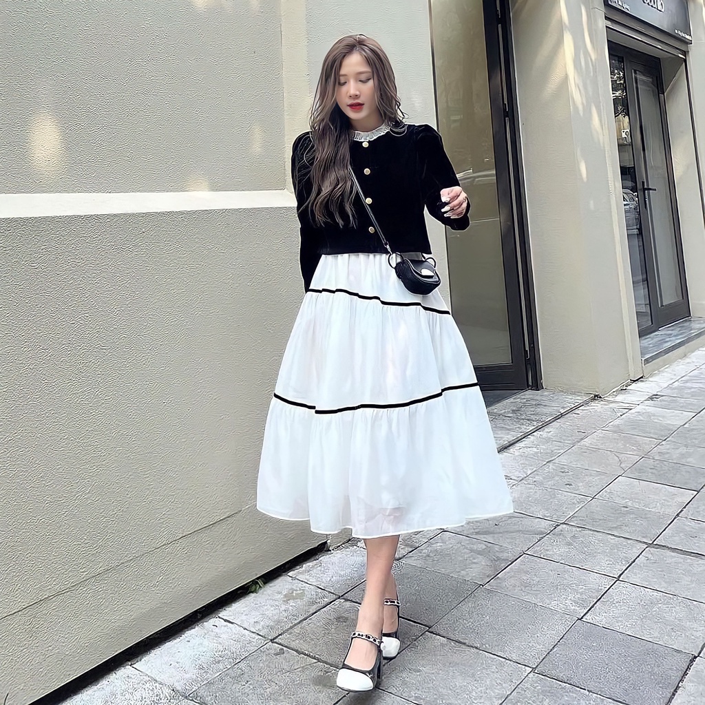 Chân Váy Voan Nữ Xòe Dáng Hàn 2 Lớp Phối Viền Cạp Chun 2 Màu
