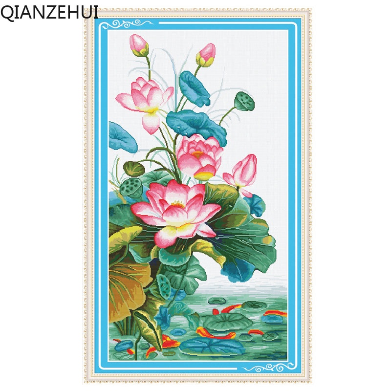 Bộ Tranh Thêu Chữ Thập 11CT DIY Hình Hoa Sen / Cá Chép / Cá Chép / Hoa Sen Chất Liệu Cotton Không Bị Rơi