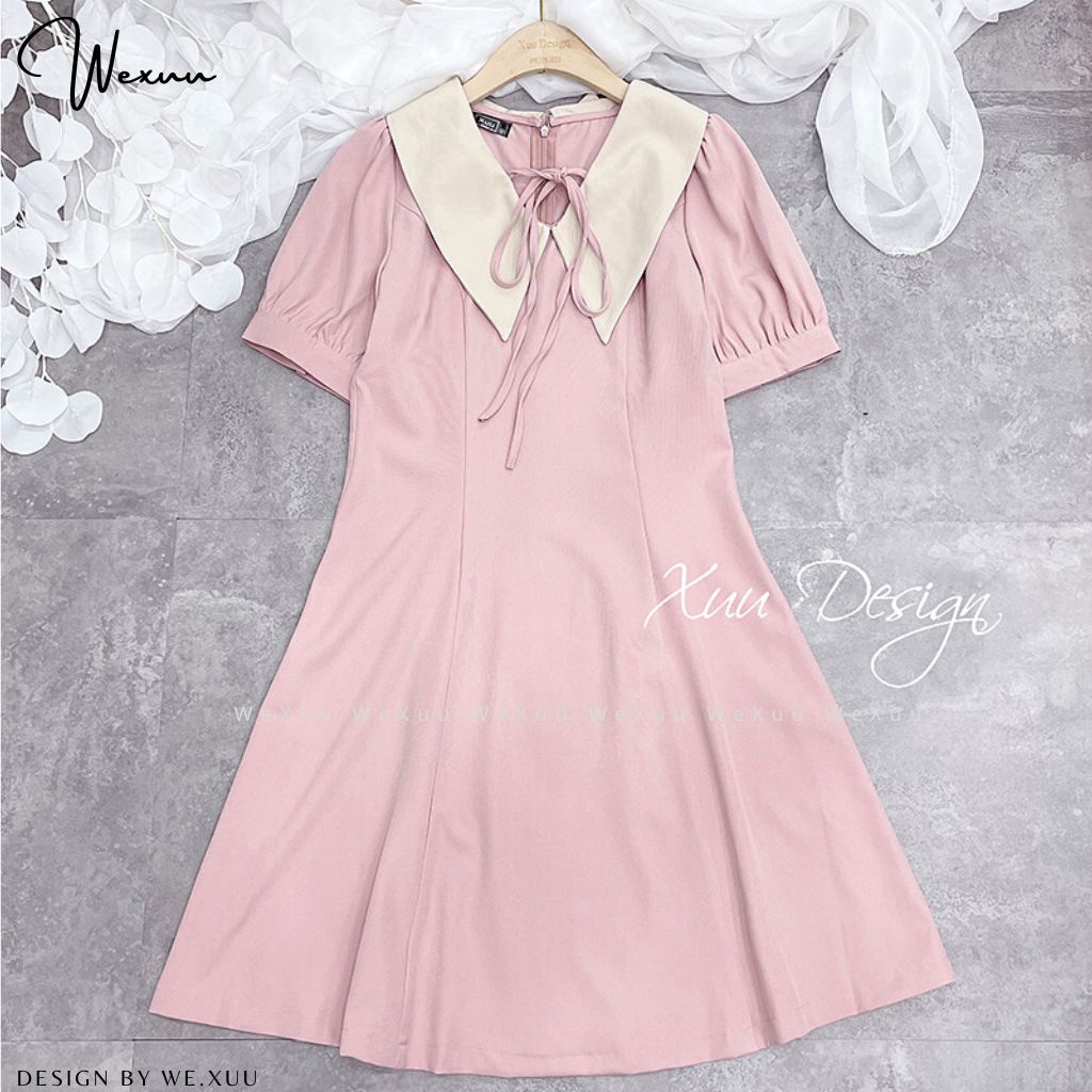 Đầm nữ cổ V thắt nơ dáng suông nhún tay tiểu thư thanh lịch WEXUU- V15