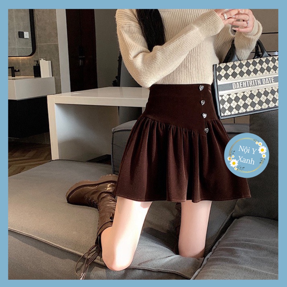 Chân váy nữ xòe nhung kèm theo khuy con tim hotrend xa hoa CV82 Nội Y Xanh hot trend thu đông ấm áp