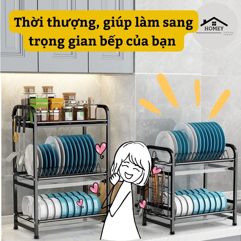 Homey - [HÀNG NHẬP KHẨU NGUYÊN THÙNG] Kệ Úp Chén Dĩa Inox 201 Đa Năng 2 Hoặc 3 Tầng - Có Khay Hứng Nước &amp; Ống Đũa