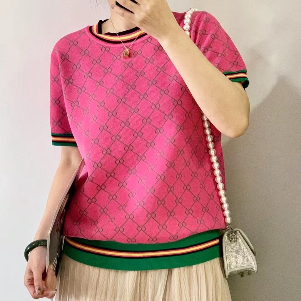 Áo Sweater Dệt Kim Tay Ngắn Co Giãn Phối Màu Tương Phản Thoải Mái Có Size Lớn Cho Nữ Màu Sắc