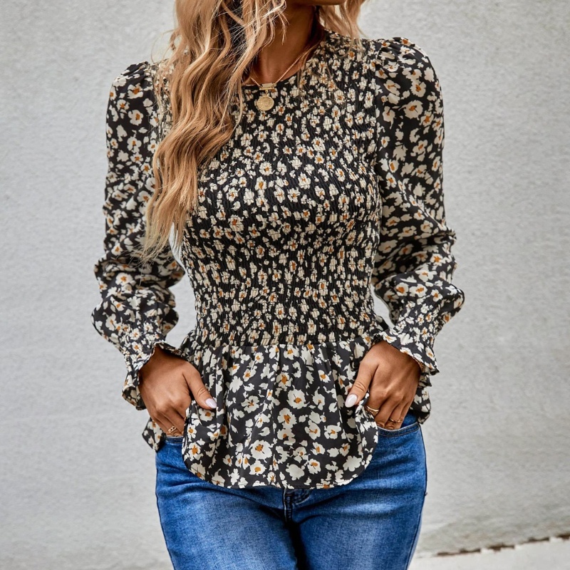 Áo Sơ Mi Peplum Viền Bèo Tay Dài Phồng In Họa Tiết Hoa Cho Nữ