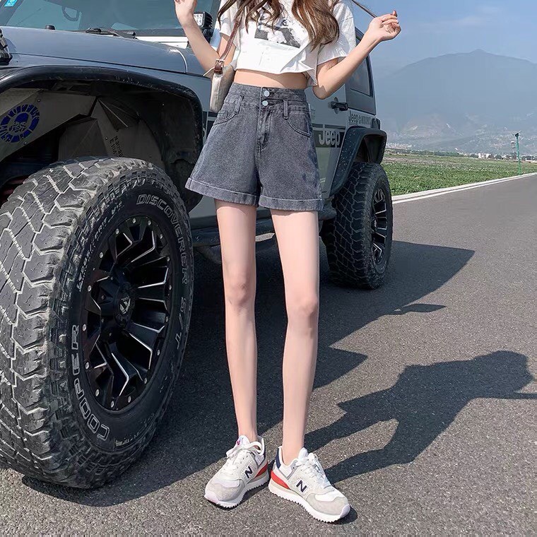 Quần sooc bò jean nữ ngố ống suông rộng short jean cạp cao phong cách Hàn Quốc | BigBuy360 - bigbuy360.vn