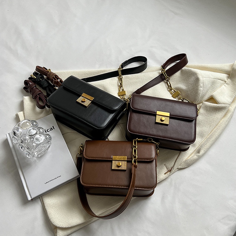 Túi Đeo Chéo Hình Vuông Nhỏ Màu Nâu Có Khóa Thời Trang Cho Nữ