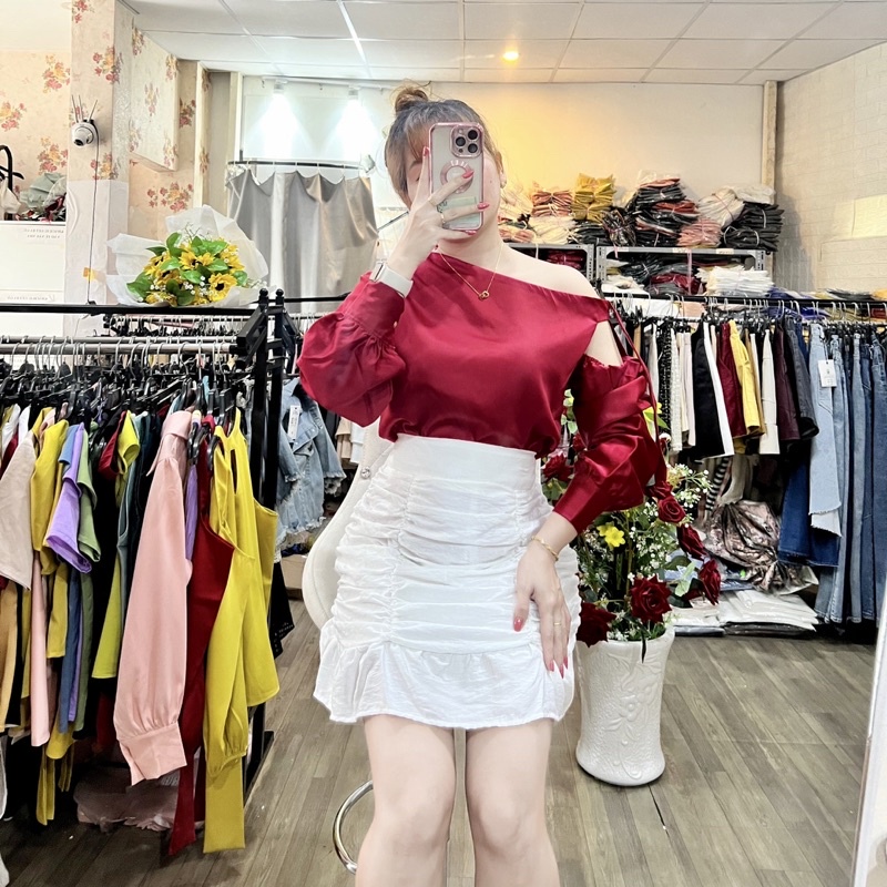 HÌNH THẬT 100% ÁO LỤA CAO CẤP TAY DÀI LỆCH VAI