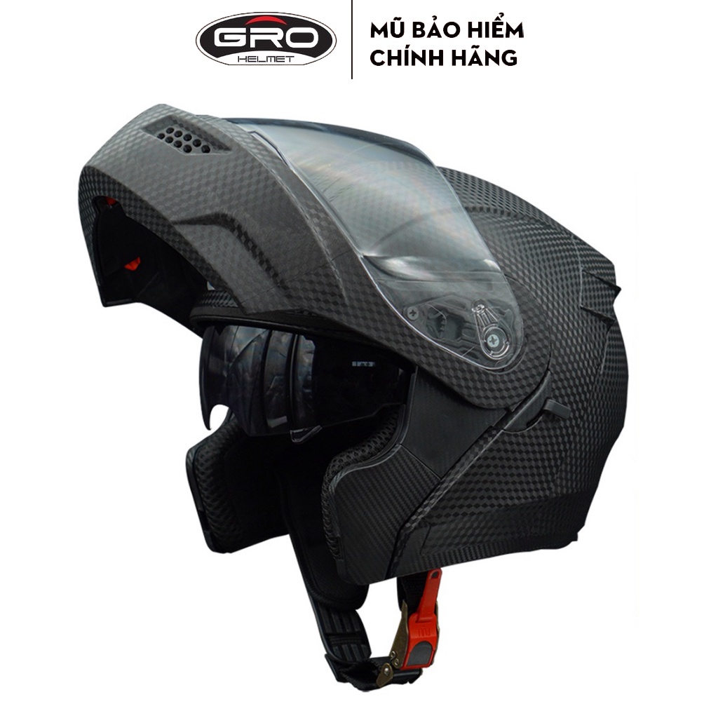 Mũ bảo hiểm Fullface GRO ST26 Đen vân cacbon, chuyên phượt 2 kính thiết kế lật hàm hiện đại
