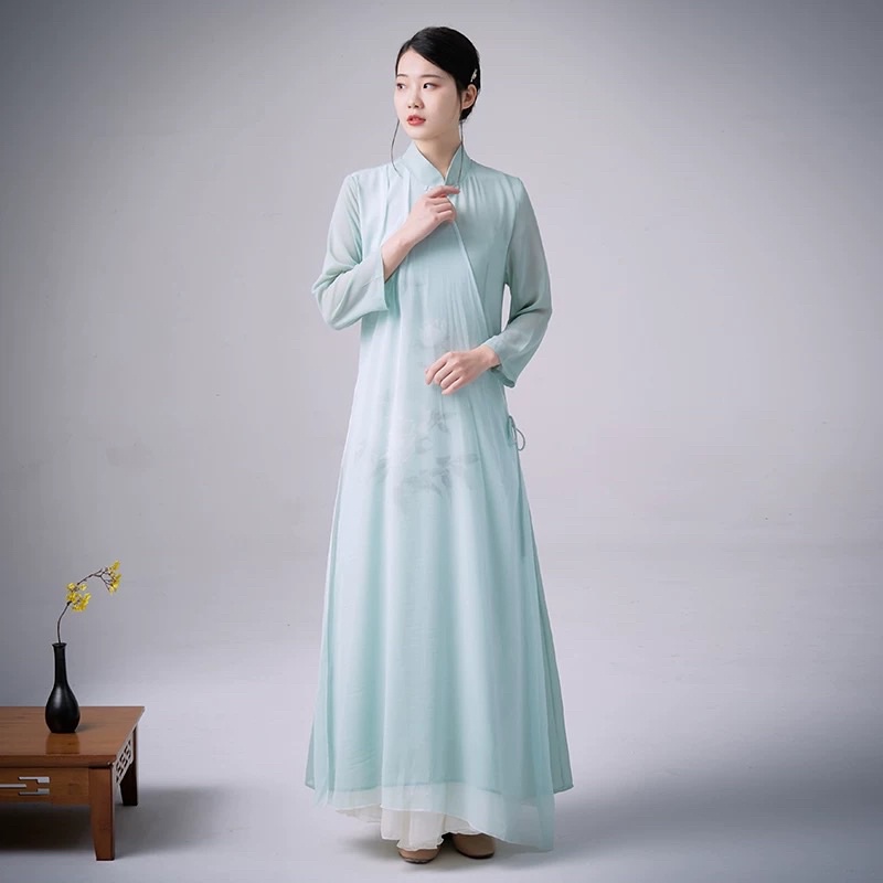 Váy sườn xám áo dài cách tân kiểu trung hoa trung quốc hán phục đi lễ chùa trang phục bàn trà spa
