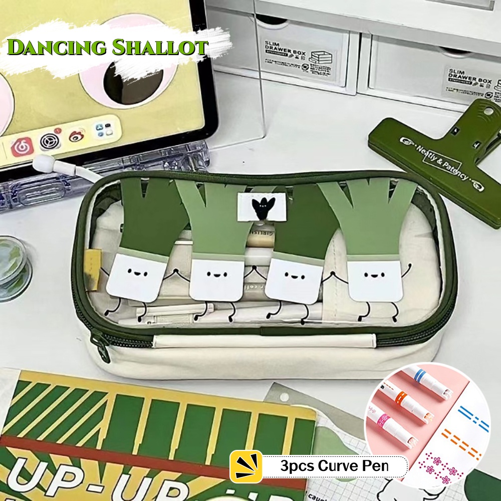 Dancing Shallot Hộp đựng bút chì dễ thương Dây kéo đôi Hộp bút chì vải màu xanh lá cây Dung tích lớn Túi lưu trữ văn phòng phẩm 3 chiếc bút cong Đồ dùng học tập