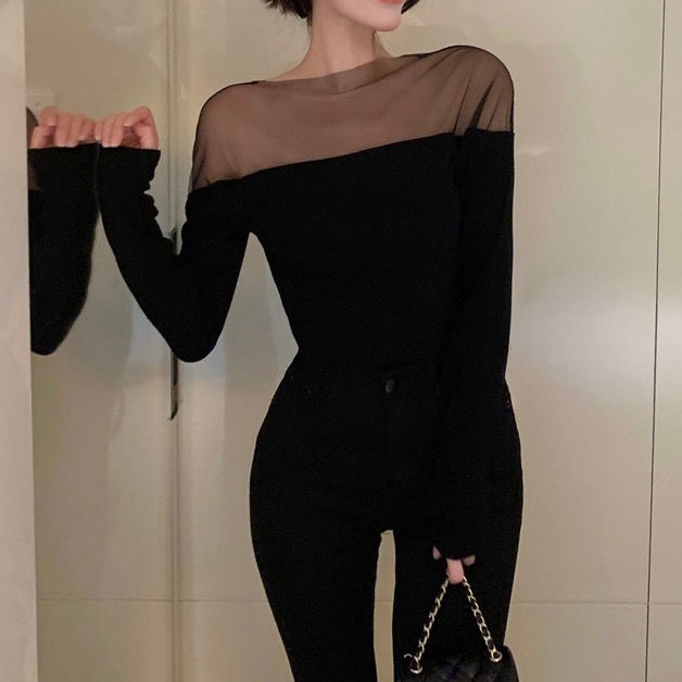 Áo Thun Tay Dài Phối Lưới Thiết Kế Mới Thời Trang Mùa Thu Cho Phái Nữ