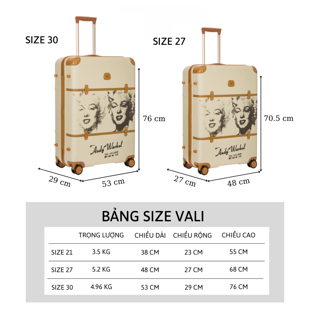 Vali kéo du lịch BRIC’S x Andy Warhol – Marilyn size 21/27/30" siêu bền, dễ lau chùi, chống thấm nước