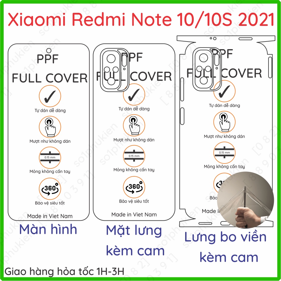 Dán PPF Xiaomi Redmi Note 10 / Note 10s (2021) loại trong, nhám dành cho màn hình, mặt lưng, full viền