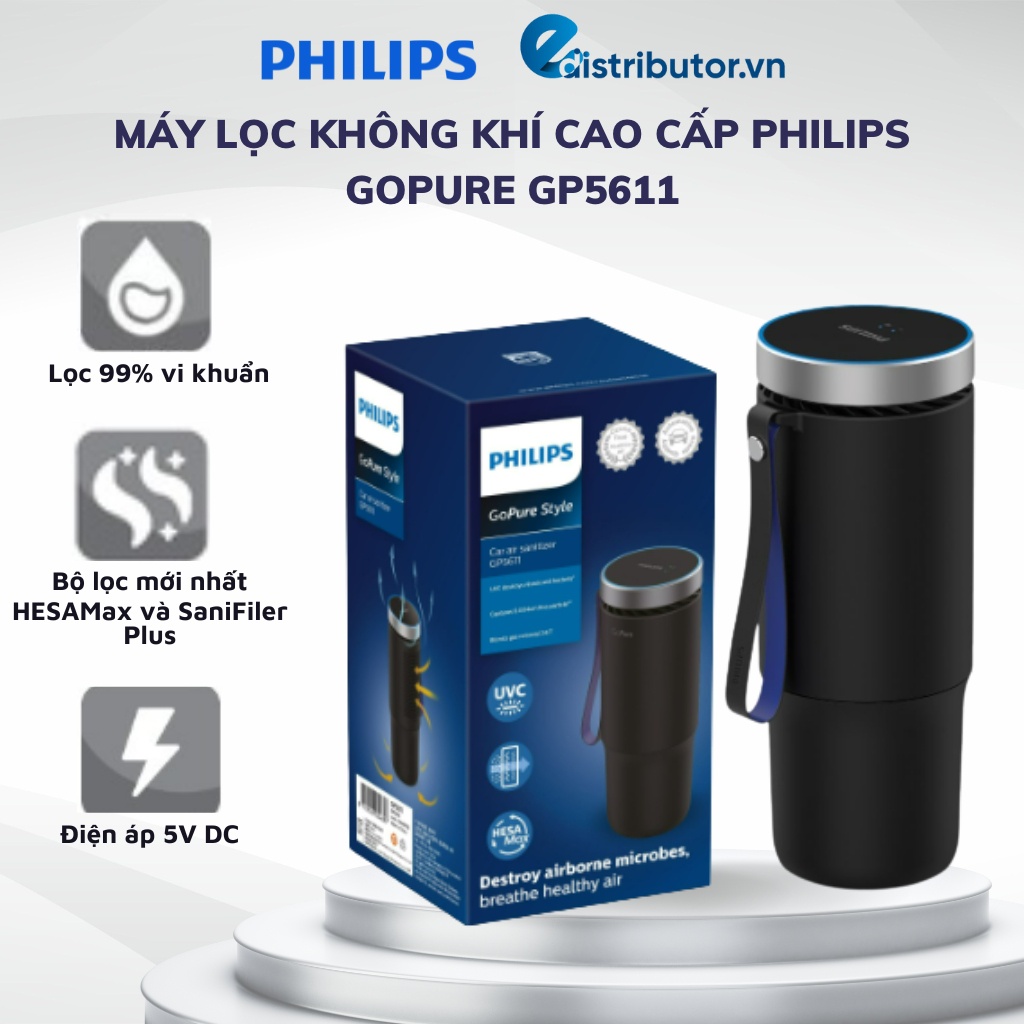 Máy khử mùi lọc không khí than hoạt tính xe ô tô cao cấp Philips GP5611/GP5612 (đen,vàng)