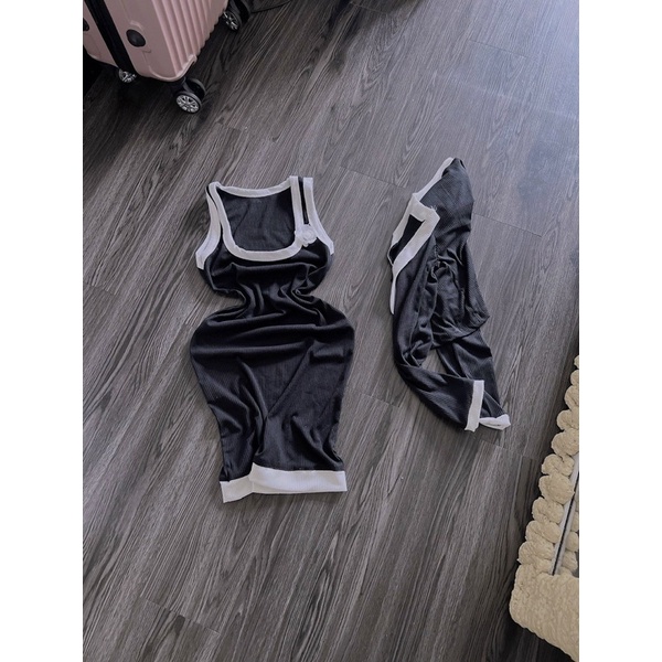 Set Đầm Body Gân Viền Phối Hoa Kèm Khoát Ngắn