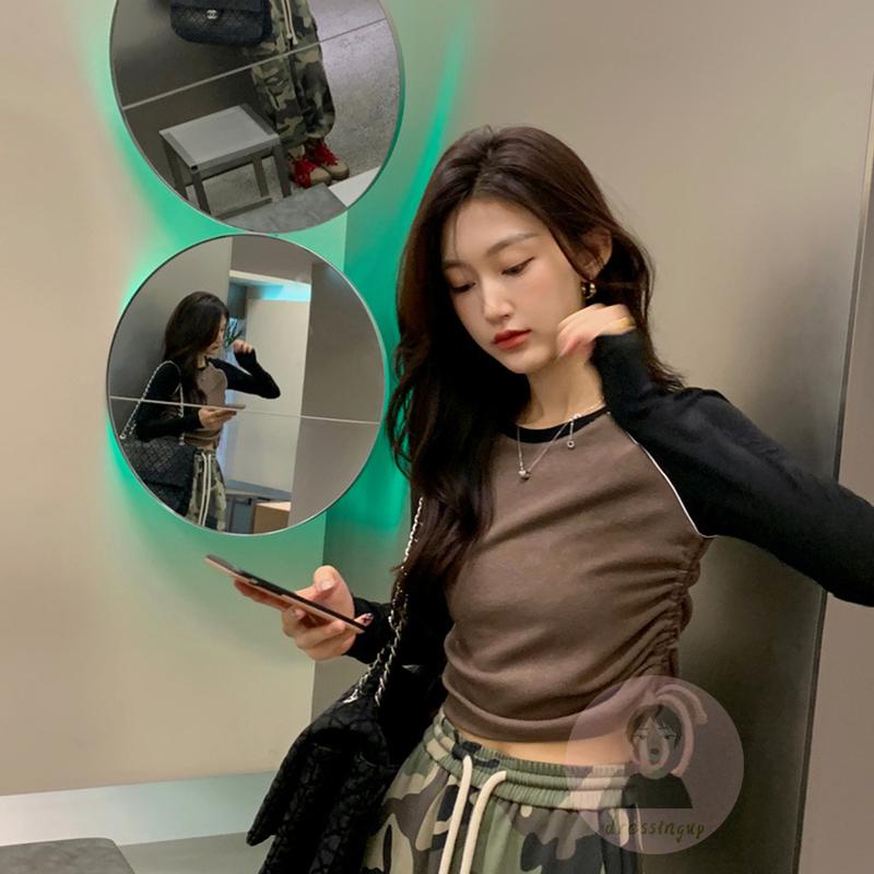 Áo Thun Tay Dài Cổ Tròn Dáng Ôm Phối Màu Tương Phản Thời Trang Cho Nữ