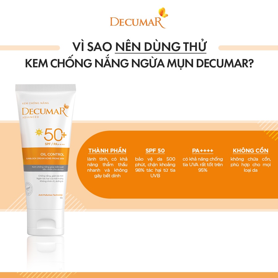 Kem chống nắng kiềm dầu cho da mụn Decumar Advanced Sunblock SPF50+ 50g - AJA'S SKINLAB