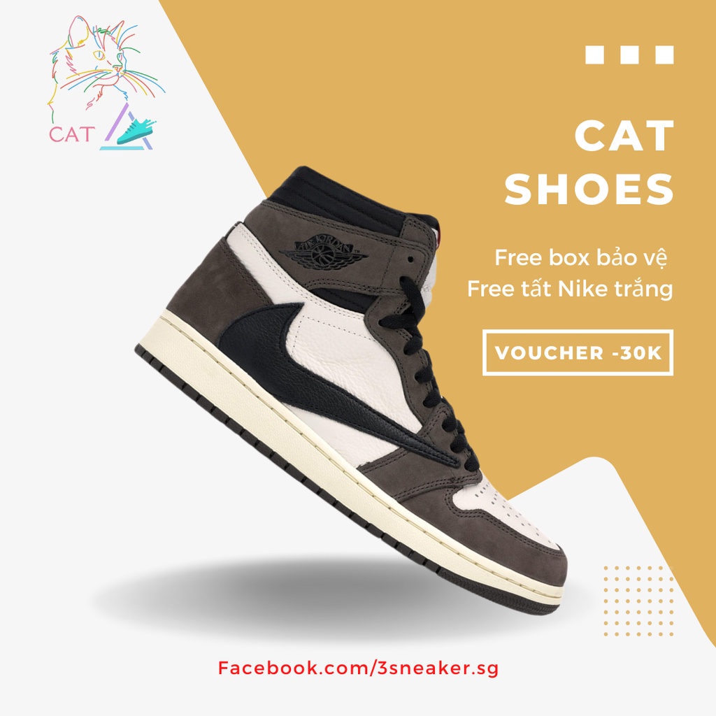 Giày Nike Jordan 1 High Travis Scott, JD1 Cao Nâu Da Lộn; Full Box, Phụ Kiện, Tặng Vớ Trắng